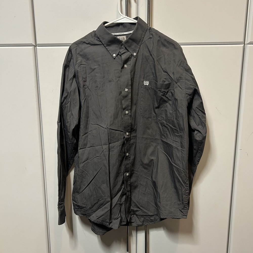 Cinch Mens Charcoal Gray Long Sleeve Button Down Western Shirt Logo Pocket M
